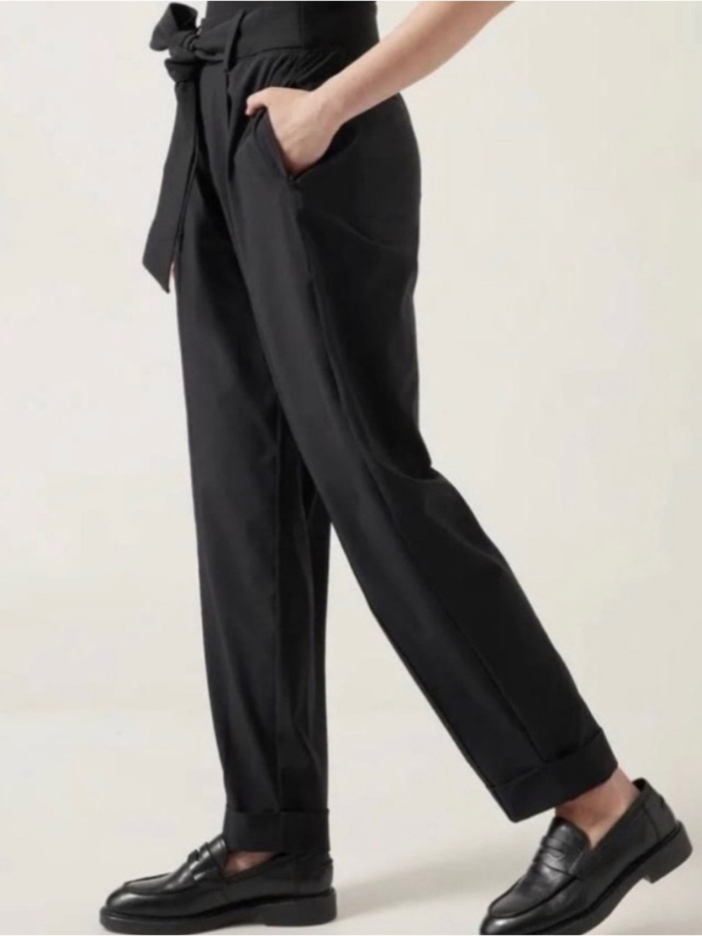 Athleta Cardiff Black High-Waist Paperbag Trousers with Tie Belt Size 14